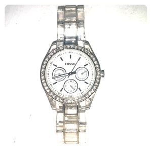 Clear acrylic fossil watch with crystal lined face
